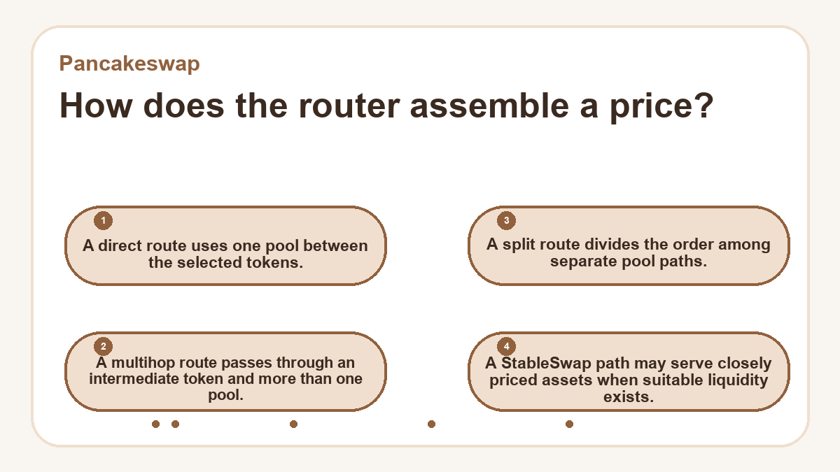 How does the router assemble a price?: A direct route uses one pool between the selected tokens.; A multihop route passes through an intermediate token and more than one pool.; A split route divides the order among separate pool paths.; A StableSwap path may serve closely priced assets when suitable liquidity exists.